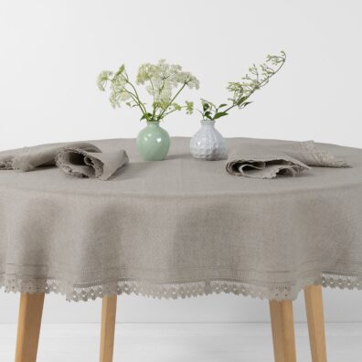Round/oval natural linen tablecloth, with lace edge