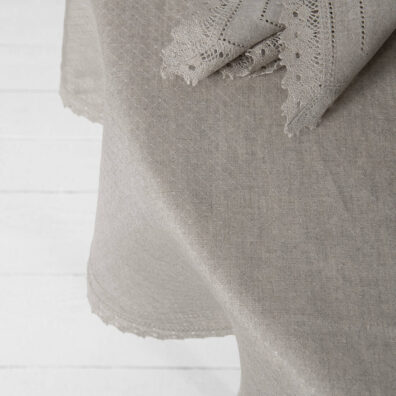 Round/oval natural linen tablecloth, diamond pattern fabric