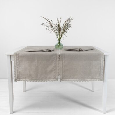 Natural grey linen table runner, diamond pattern fabric