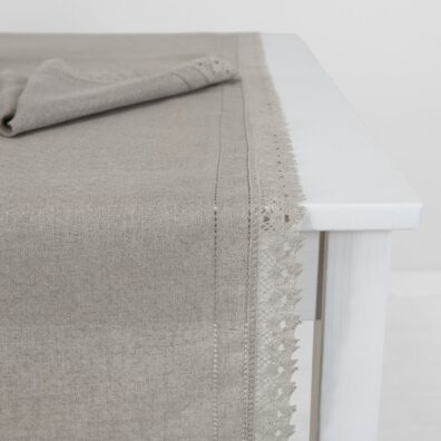 Natural grey linen table runner, with lace hem