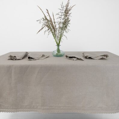 Natural linen tablecloth, with lace edge