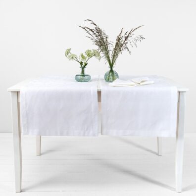 Floral white linen cotton table runner