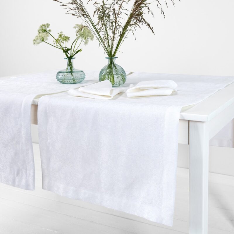Floral white linen cotton table runner, optical white