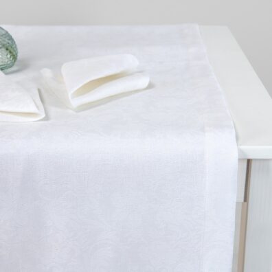 Floral white linen cotton table runner, folded hem