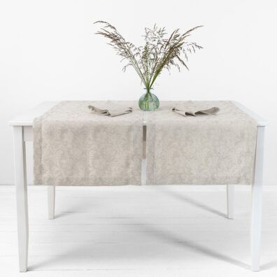 Floral beige linen cotton table runner, jacquard