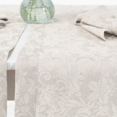 Floral beige linen cotton table runner, folded hem