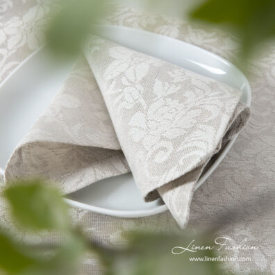 Light grey and white table napkin from medium weight jacquard linen / cotton fabric in floral ornaments