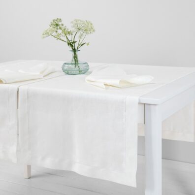 White linen table runner, plain weave