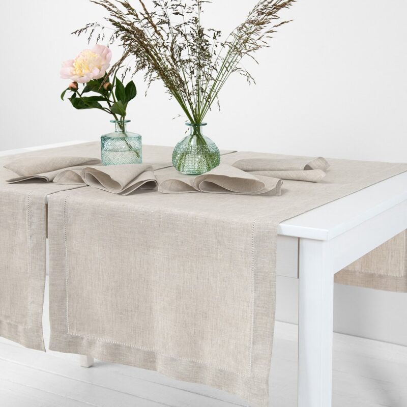 Beige linen table runner, plain weave