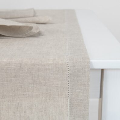 Beige linen table runner, with hemstitch