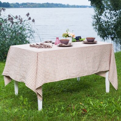 Checked brown linen tablecloth