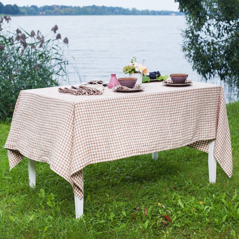 Checked brown linen tablecloth