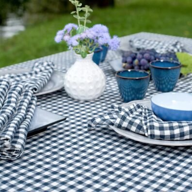 Checked blue linen tablecloth, pure linen