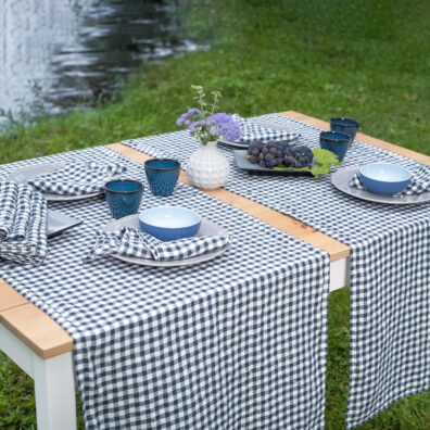 Checked blue linen table runner