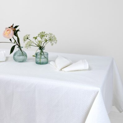 White linen cotton tablecloth, diamond pattern