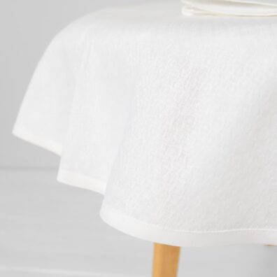 Round/oval linen cotton white tablecloth, with white piping