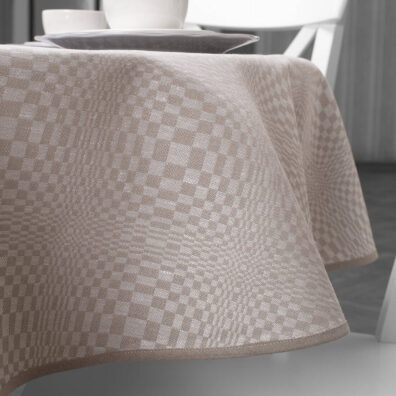 White and natural check oval linen cotton tablecloth, piping hem