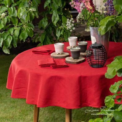 Red linen cotton round (oval) tablecloth with hemstitch