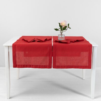 Red linen cotton table runner, plain weave