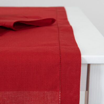 Red linen cotton table runner, with hemstitch