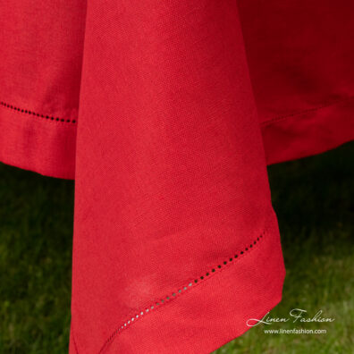Border with hemstitch, red linen blend tablecloth