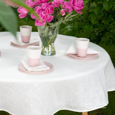 White linen cotton round (oval) tablecloth with hemstitch