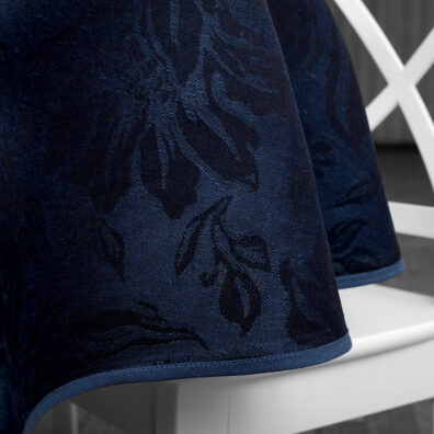 Dark blue floral oval linen cotton tablecloth, piping hem