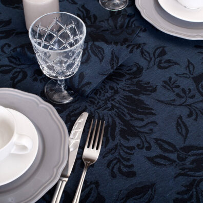 Dark blue floral oval linen cotton tablecloth