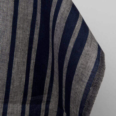 Linen fabric in blue and natural stripes, plain weave