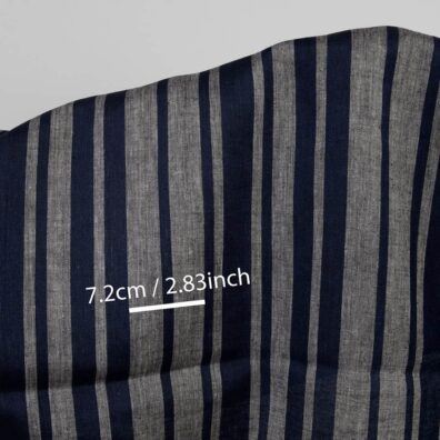 Linen fabric in blue and natural stripes, with measurements