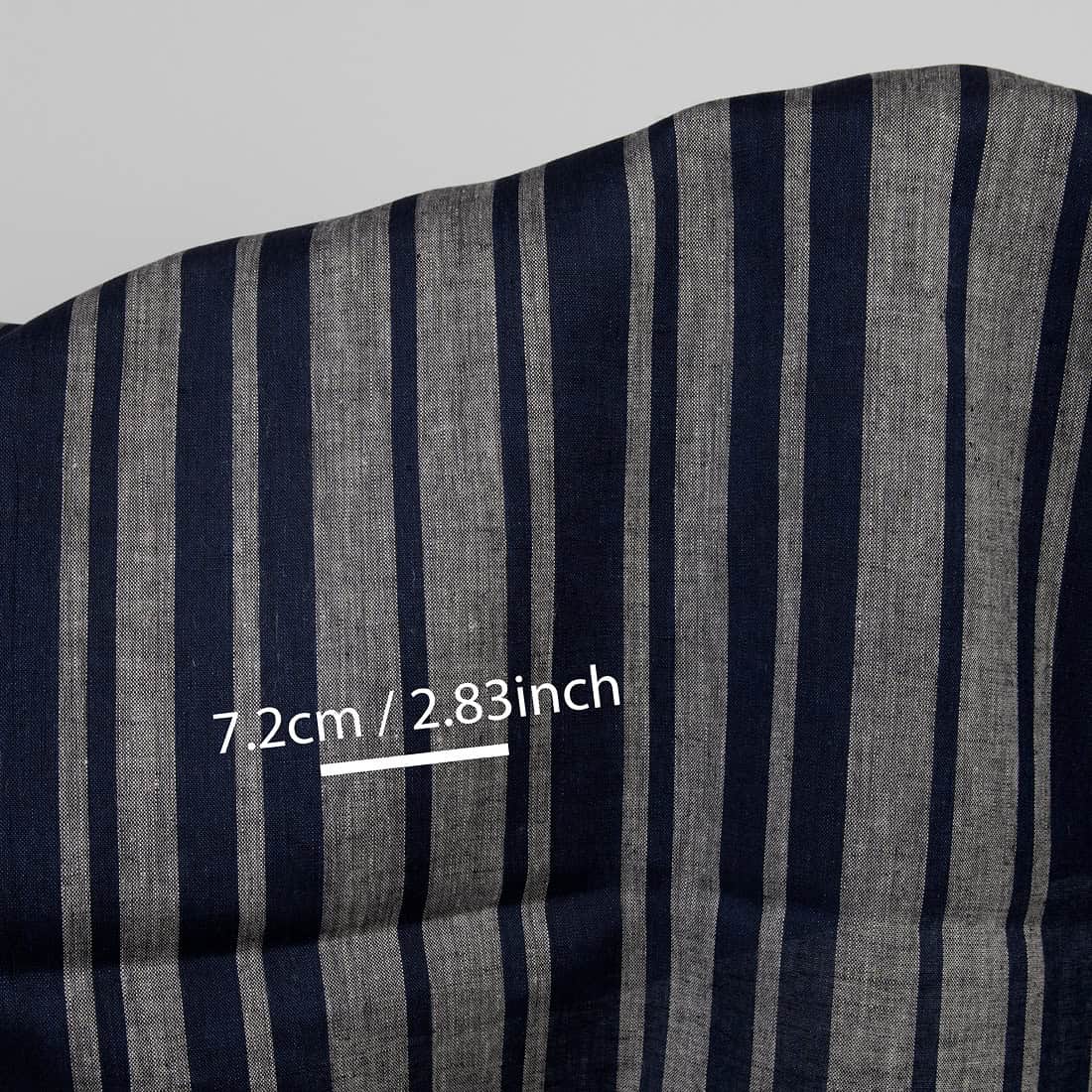 Linen fabric in blue and natural stripes, with measurements