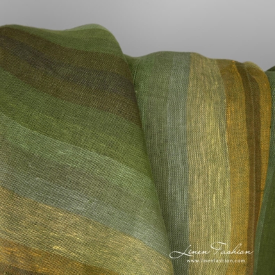 Transparent, sheer gauzy green striped linen fabric