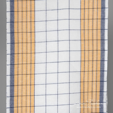 White, orange and blue checked linen / cotton fabric