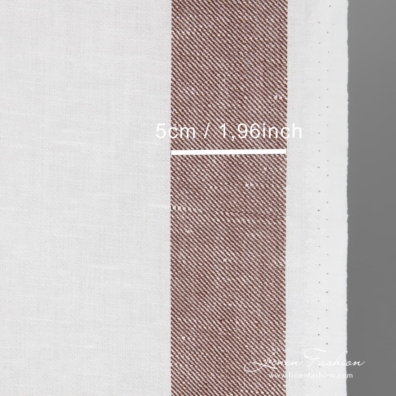 Linen cotton optical white fabric with brown stripes on sides in twill weave is thick, dense and highly absorbent