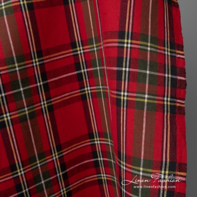 Plaid linen cotton fabric in red, black, green, white and yellow