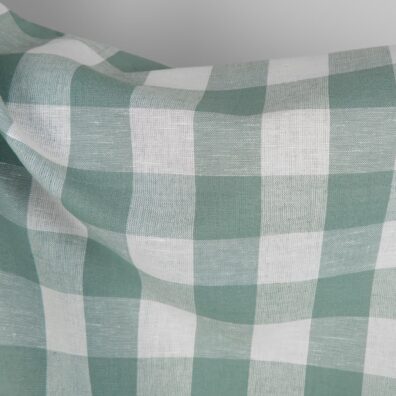 Green checked linen cotton fabric close up detail