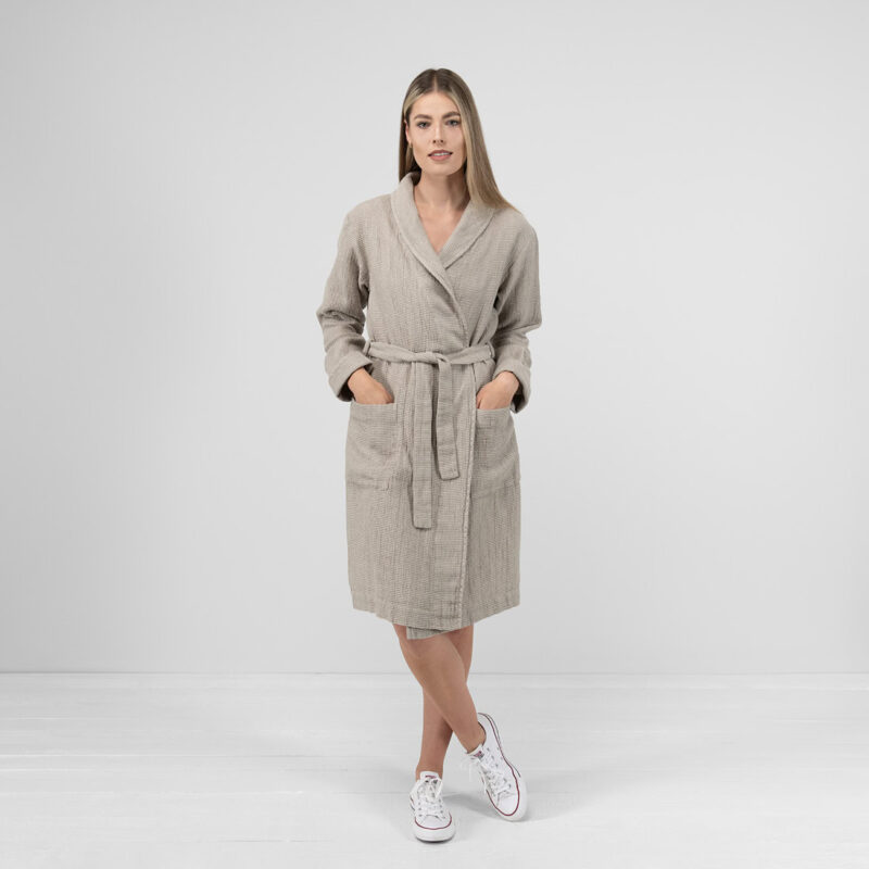 Grey women's bathrobe, with waist tie