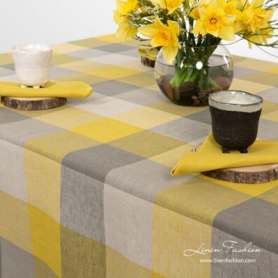 Linen cotton checked tablecloth in grey yellow colors - Linen Fashion.