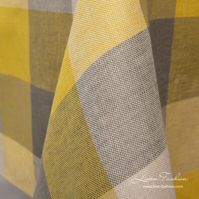 Grey yellow large checks tablecloth - Linen Fashion.
