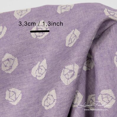 Violet linen cotton fabric with woven roses, jacquard