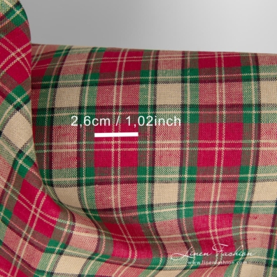 Linen - cotton fabric with beige (yellowish brown), red, green checks and narrow black stripes