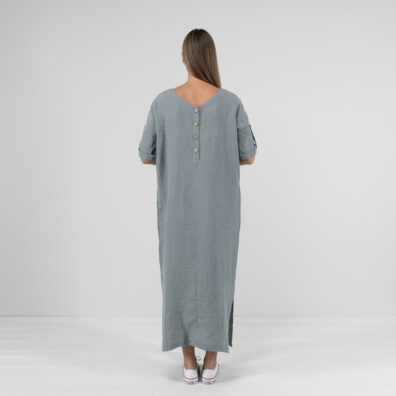 Blue-grey linen dress, button detail on back