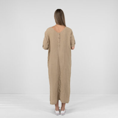 Brown linen dress, button detail on back