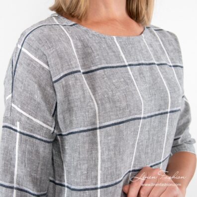 Grey linen dress checked - • round-shaped neckline
