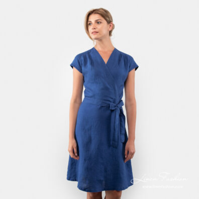 Linen blue dress with short sleeves
