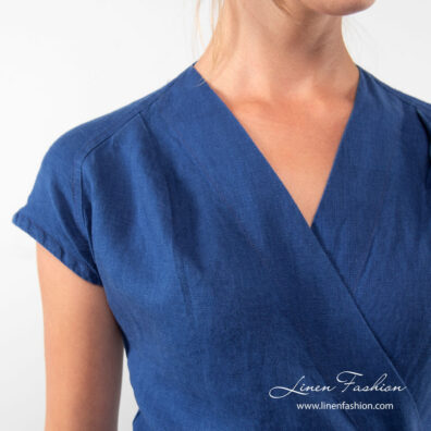 Linen blue dress, V-neckline