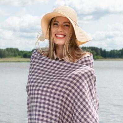 purple checked linen beach towel