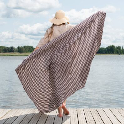 purple checked linen beach towel, large size