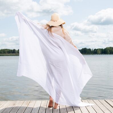 White linen cotton beach towel, large size