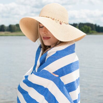 Linen Blue White Striped Beach Towel, natural fibre linen blend